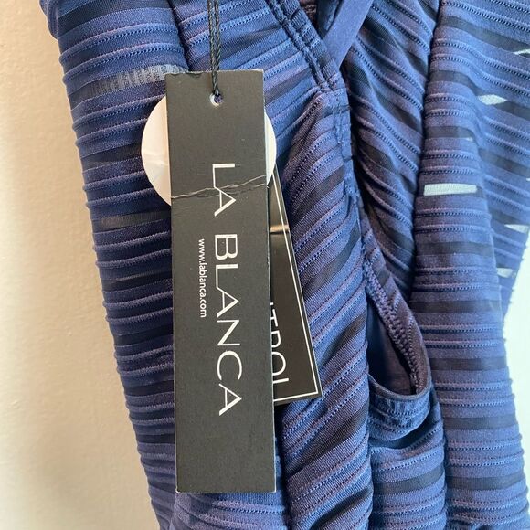 La Blanca Fluid Lines Multi-Strap Cross-Back One Piece w/Mesh Detail -Indigo NWT - Picture 6 of 8
